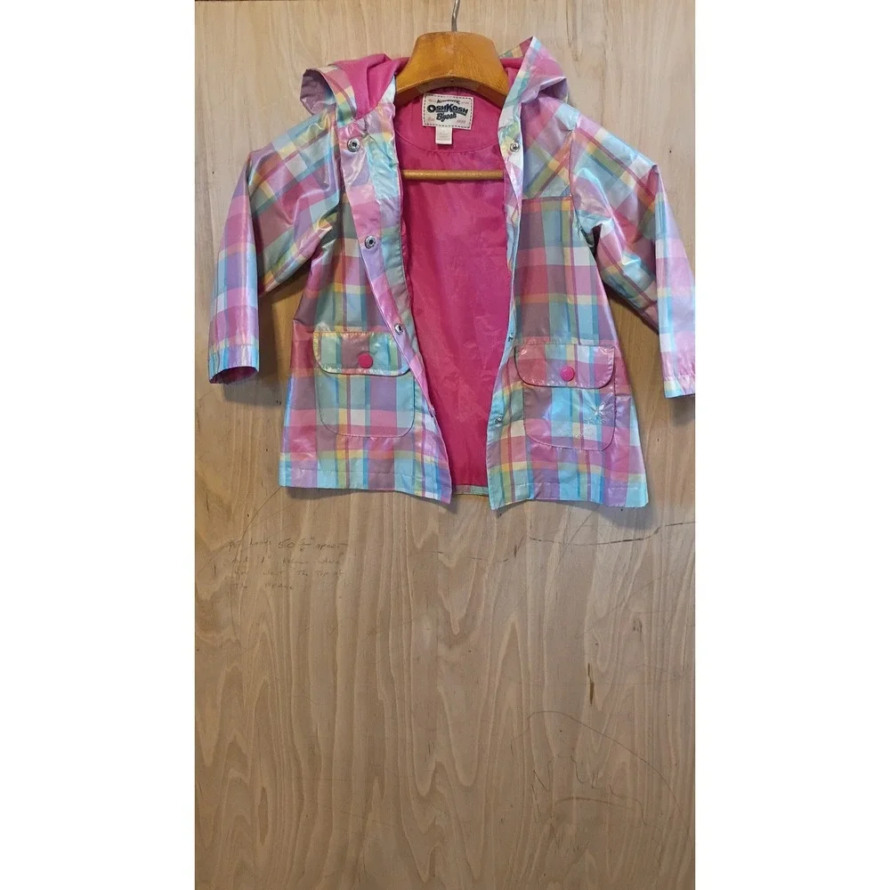OshKosh Bgosh Girls Pastel Plaid Hooded Raincoat Retro Preppy Style Size 5
